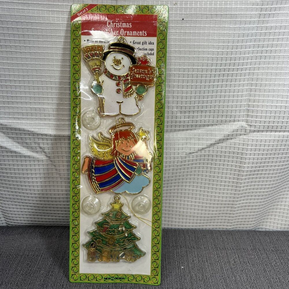 Vintage 1980s Christmas Suncatcher Ornaments w/ Suction Cups Acrylic 3 Pack NOS
